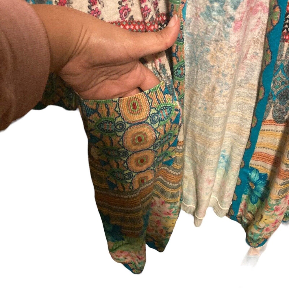 Johnny Was Multicolor Floral Patchwork Hooded Cardigan - Turquoise, Pink, Yellow - Picture 5 of 14